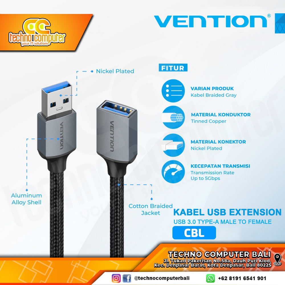 VENTION USB EXTENSION - Cotton Braided USB 3.0 Male to Female - CBL Gray 1.5M