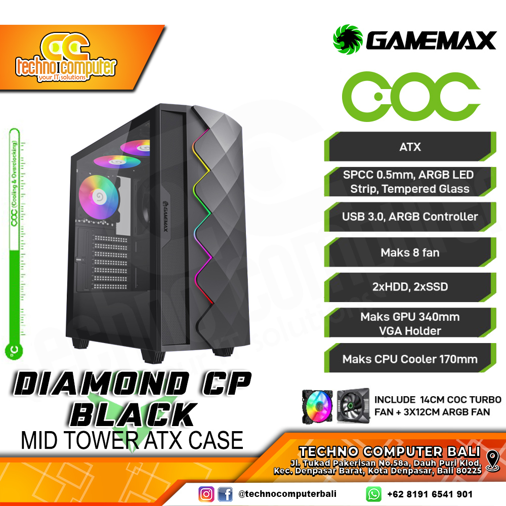 CASING GAMEMAX DIAMOND CP Black - Mid Tower ATX Case Tempered Glass (Free 3x ARGB Fan)