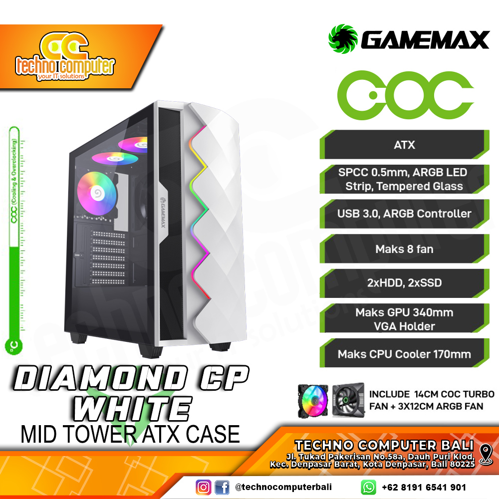CASING GAMEMAX DIAMOND CP White - Mid Tower ATX Case Tempered Glass (Free 3x ARGB Fan)