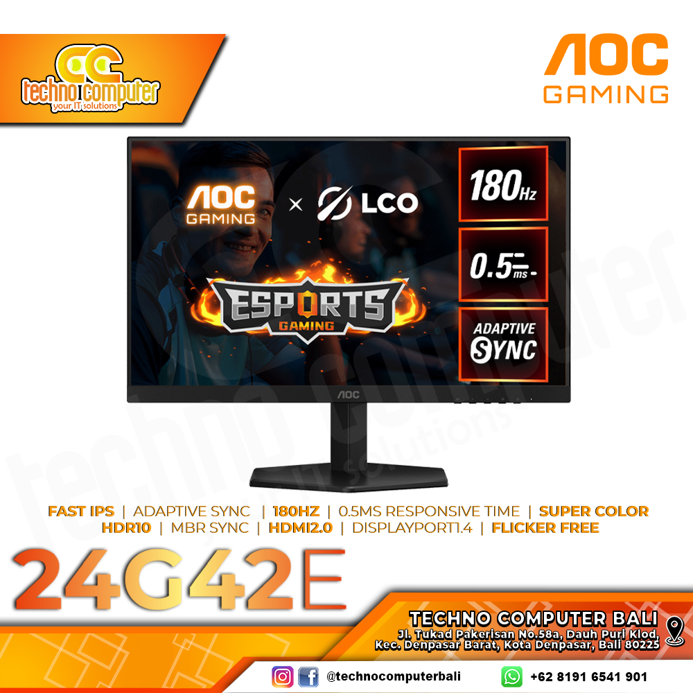 AOC 24G42E/70 Gaming Monitor - 24 inch, FHD (1920 x 1080), IPS, 180Hz, 0.5ms