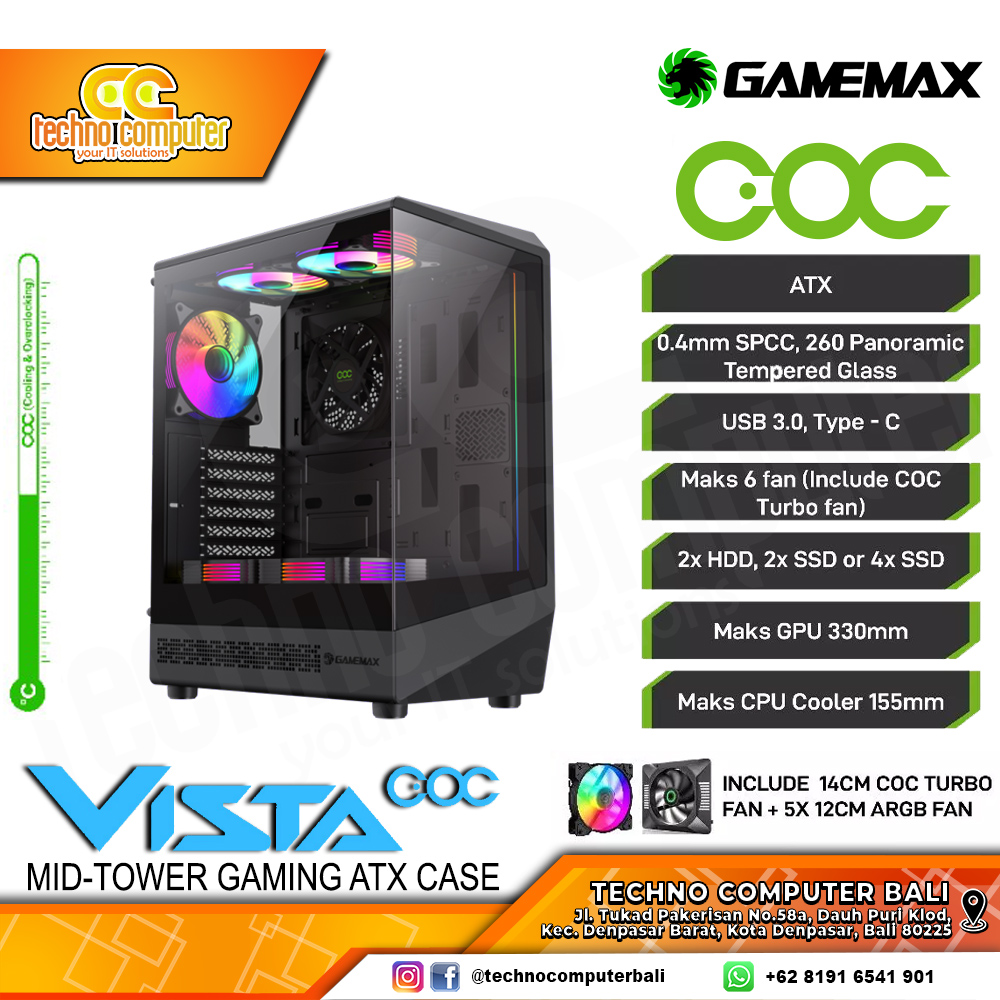 CASING GAMEMAX VISTA COC ATX Black - Mid Tower ATX Case Tempered Glass (Free 5x ARGB Fan)