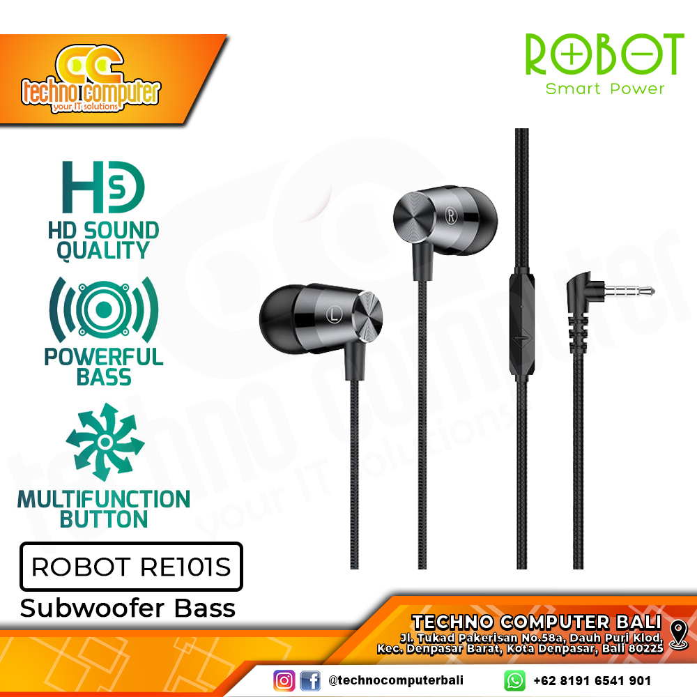 EARPHONE ROBOT RE101S Subwoofer Bass Metal Black - Earphone