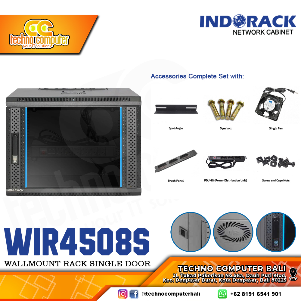 INDORACK WIR4508S-8U - Wallmount Rack Single Door 8U Depth 450mm Glass Door 19Inch