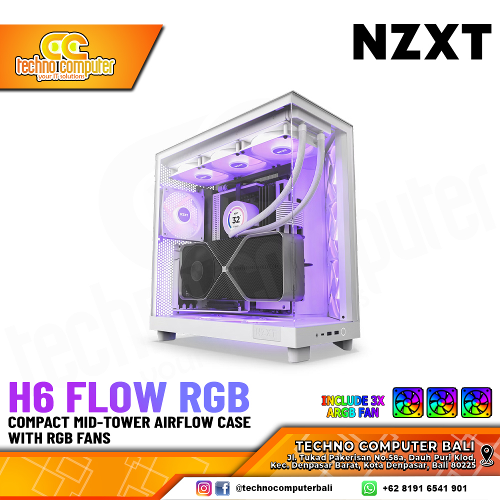 CASING NZXT H6 FLOW RGB Edition White - Mid Tower ATX Case Tempered Glass (Free 3x ARGB Fan)