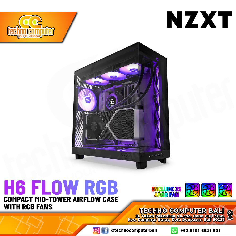 CASING NZXT H6 FLOW RGB Edition Black - Mid Tower ATX Case Tempered Glass (Free 3x ARGB Fan)