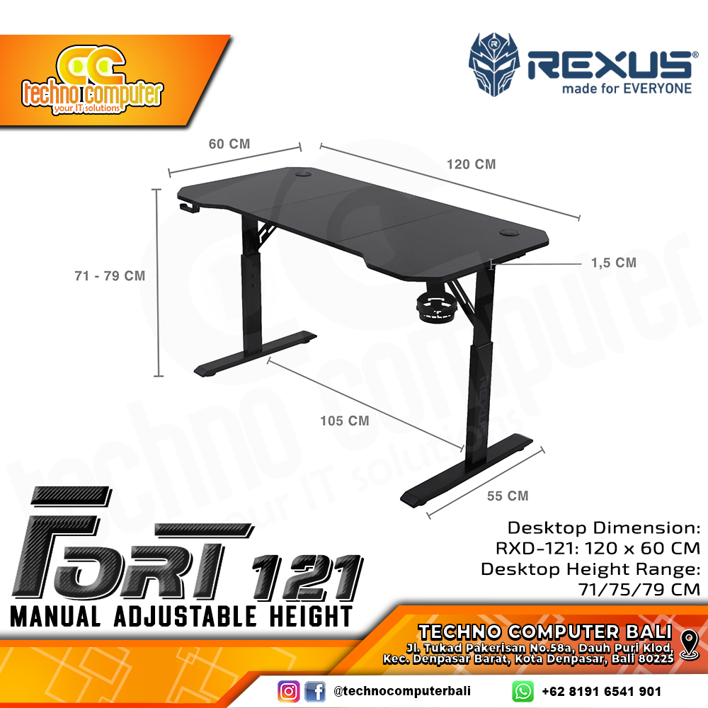 MEJA GAMING REXUS FORT RXD-121 GAMING DESK With Manual Adjustable Height - Black