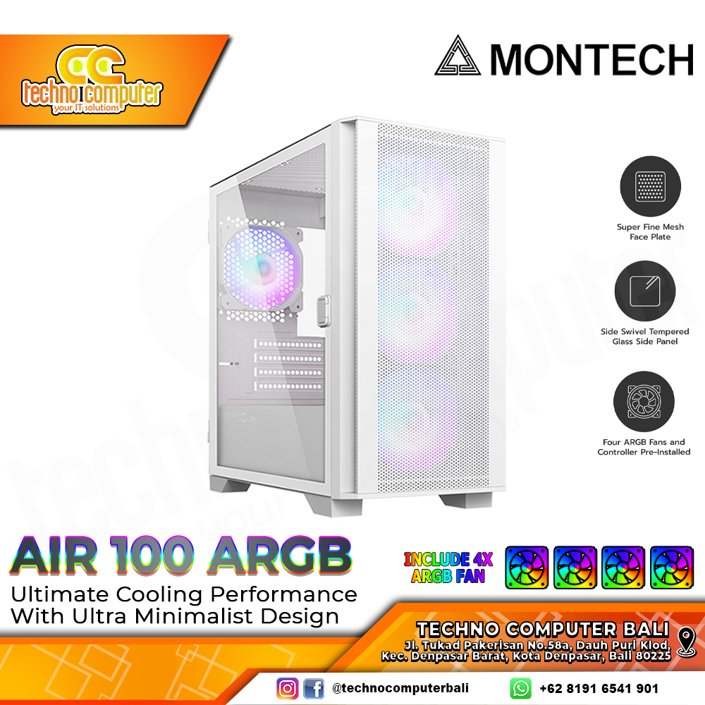 CASING MONTECH AIR 100 ARGB White - Mid Tower mATX Case Tempered Glass (Free 4x ARGB Fan)
