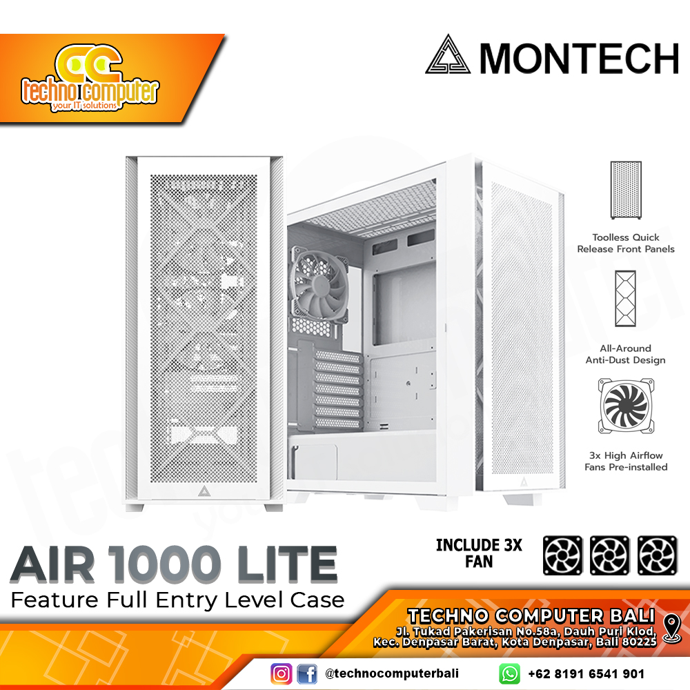 CASING MONTECH AIR 1000 LITE White - Mid Tower ATX Case Tempered Glass (Free 3x Fan)