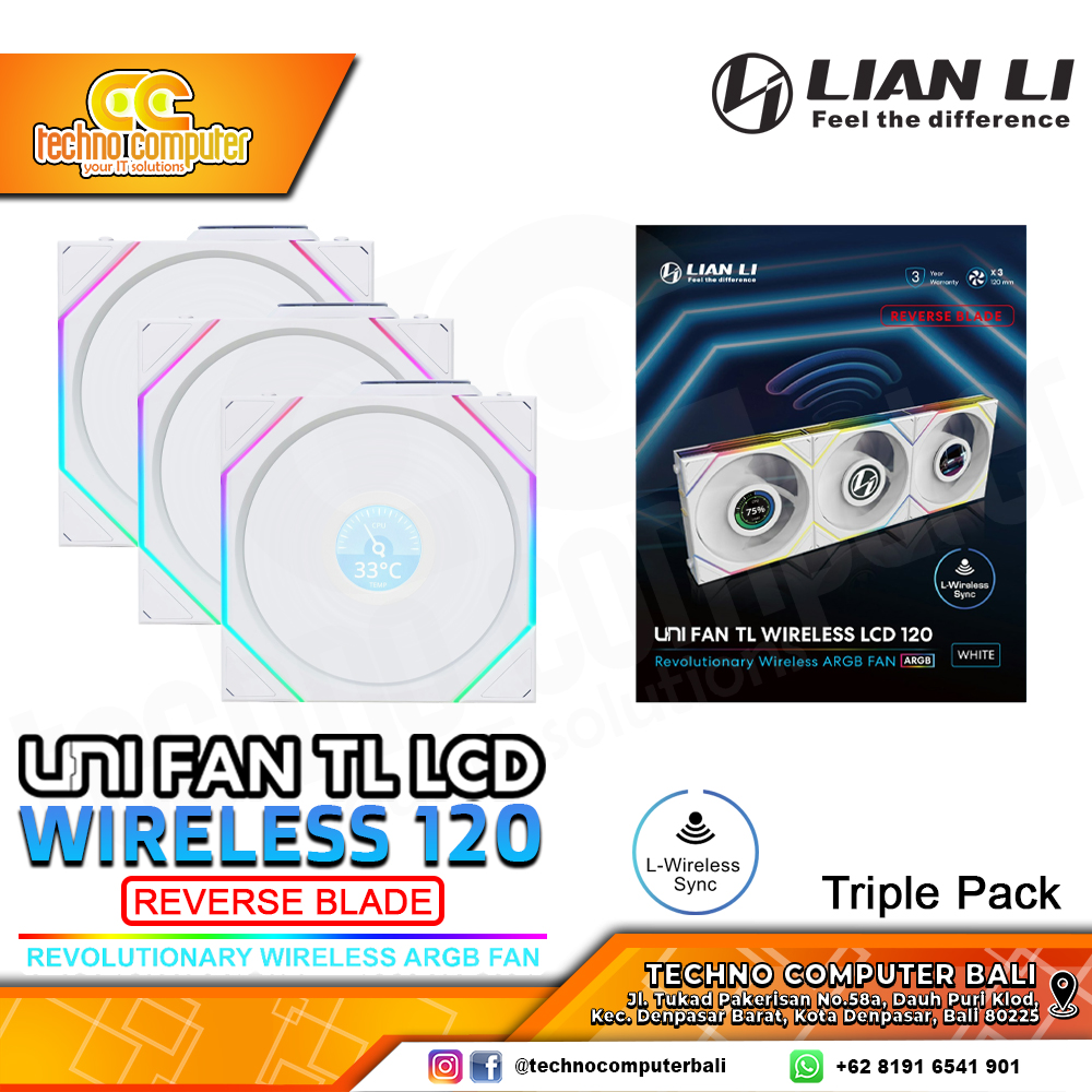 FAN CASING LIAN LI UNI FAN TL LCD 120 REVERSE BLADE Wireless White - 120mm Triple Pack ARGB Fan