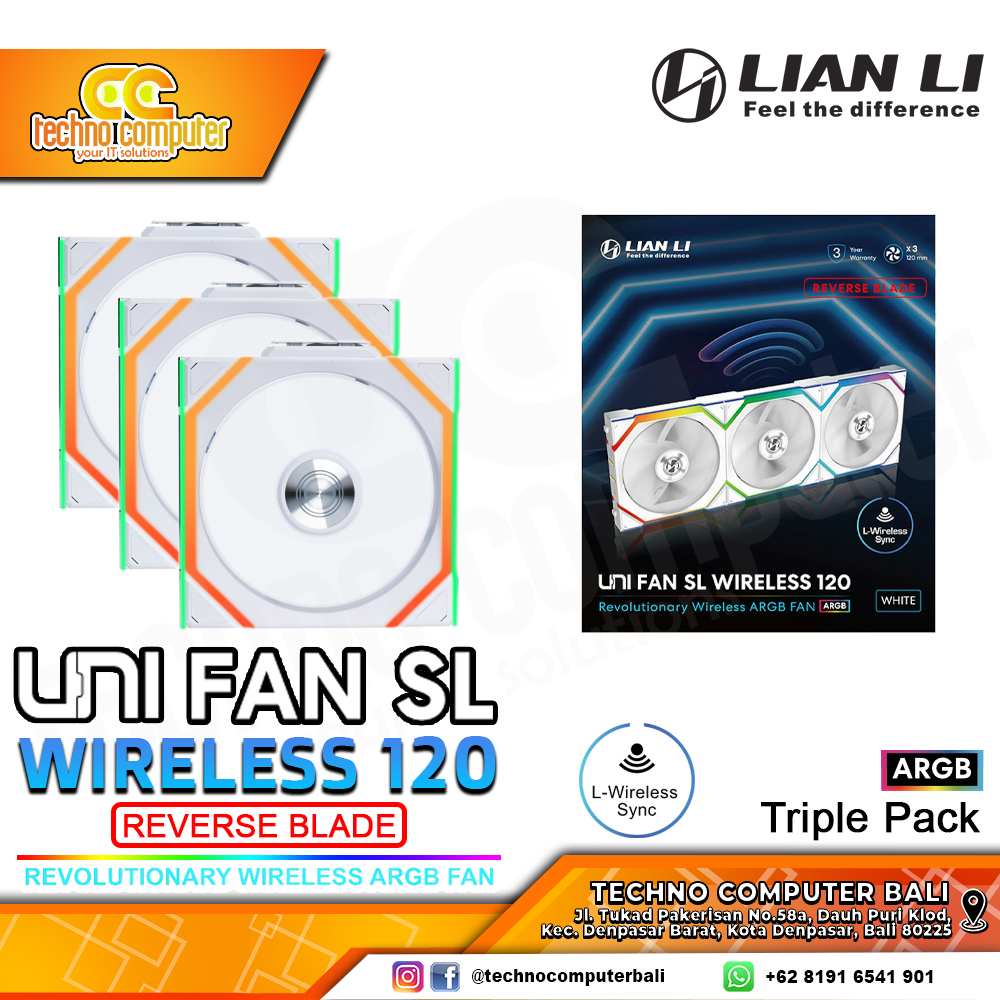 FAN CASING LIAN LI UNI FAN SL 120 REVERSE BLADE Wireless White - 120mm Triple Pack ARGB Fan
