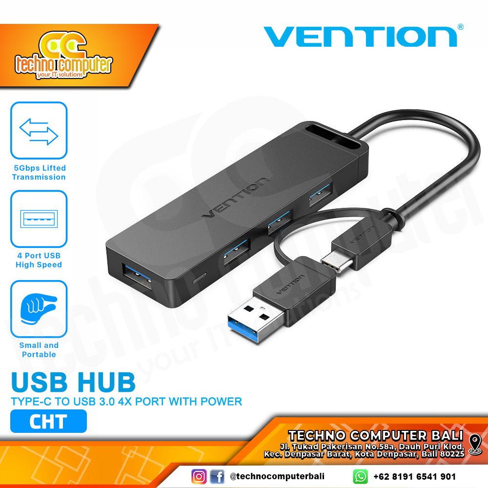 VENTION USB HUB Type-C to USB 3.0 4x Port with Power & USB 3.0 Converter - CHT 0.15M