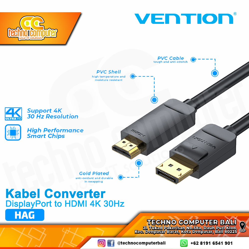 VENTION KABEL CONVERTER DISPLAY - DisplayPort to HDMI 4K 30Hz - HAG 1.5M