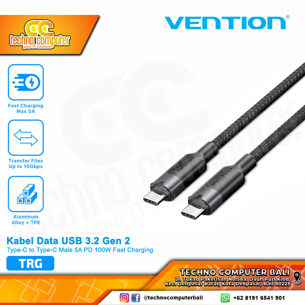 VENTION Kabel Data USB 3.2 Gen 2 Type-C to Type-C Male 5A PD 100W Fast Charging - TRG 1M