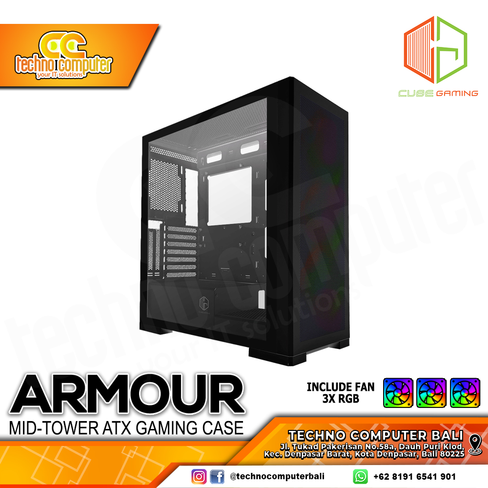 CASING CUBE GAMING PREMIUM ARMOUR Black - Mid Tower ATX Case Tempered Glass (Free 3x RGB Fan)