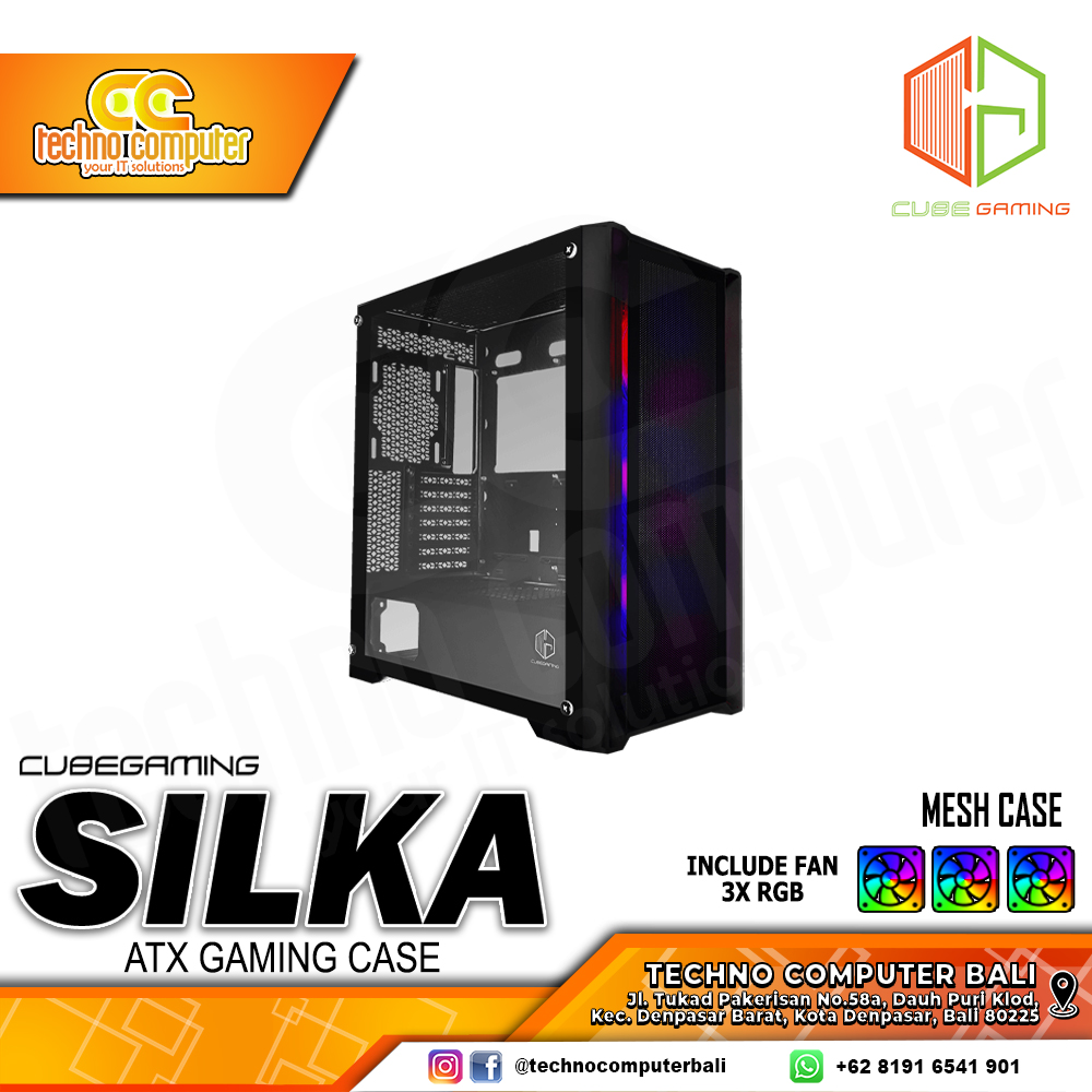 CASING CUBE GAMING SILKA Mesh Black - Mid Tower ATX Case Tempered Glass (Free 3x RGB Fan)