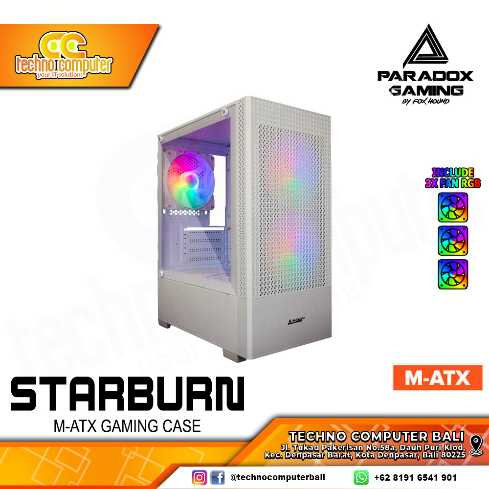 CASING PARADOX GAMING STARBURN White - Mid Tower mATX Case Tempered Glass (Free 3x RGB Fan)