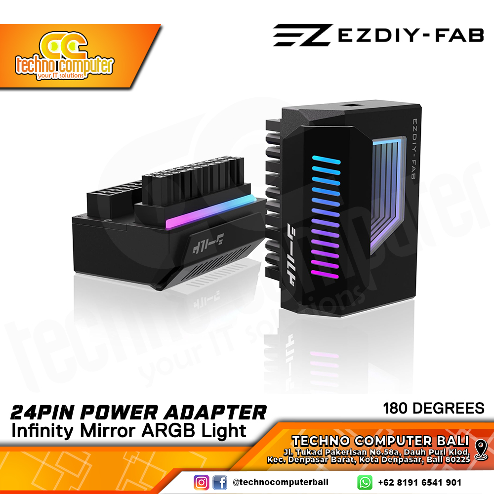 EZDIY-FAB SHIELD ATX 24-Pin 180 Angle Adapter with Infinity Mirror ARGB Light - Black