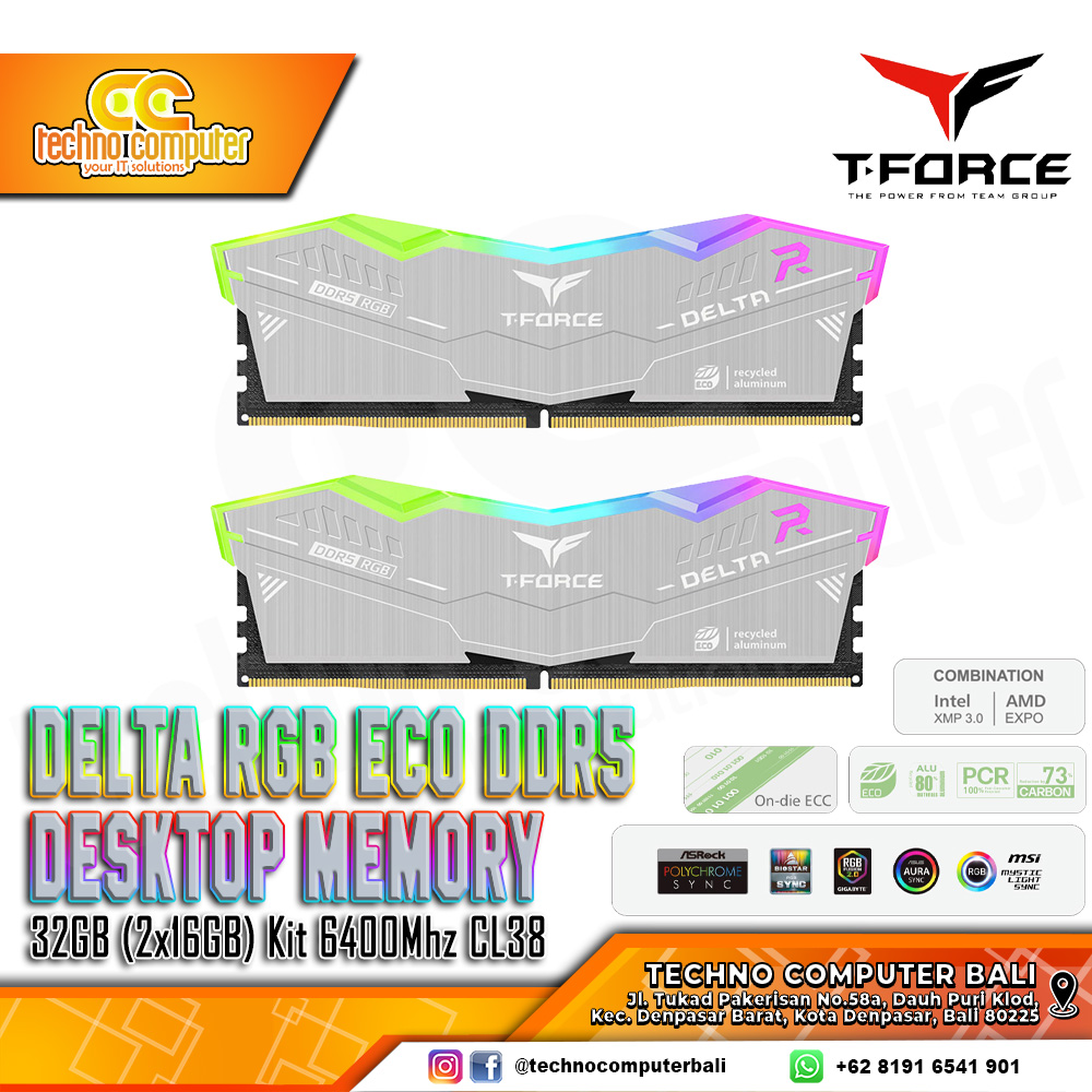 DDR5 T-FORCE DELTA RGB ECO 32GB (2x16GB) Kit 6400Mhz CL38 - Silver