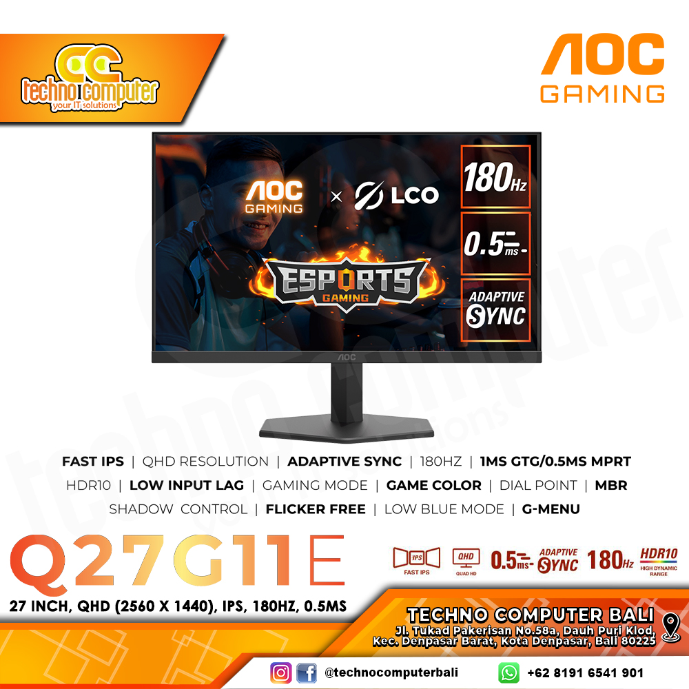 AOC Q27G11E/70 Gaming Monitor - 27 inch, QHD (2560 x 1440), IPS, 180Hz, 0.5ms