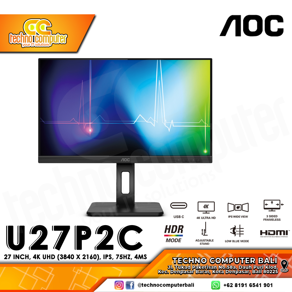 AOC U27P2C/70 Led Monitor - 27 Inch, 4K UHD (3840 x 2160), IPS, 75Hz, 4ms
