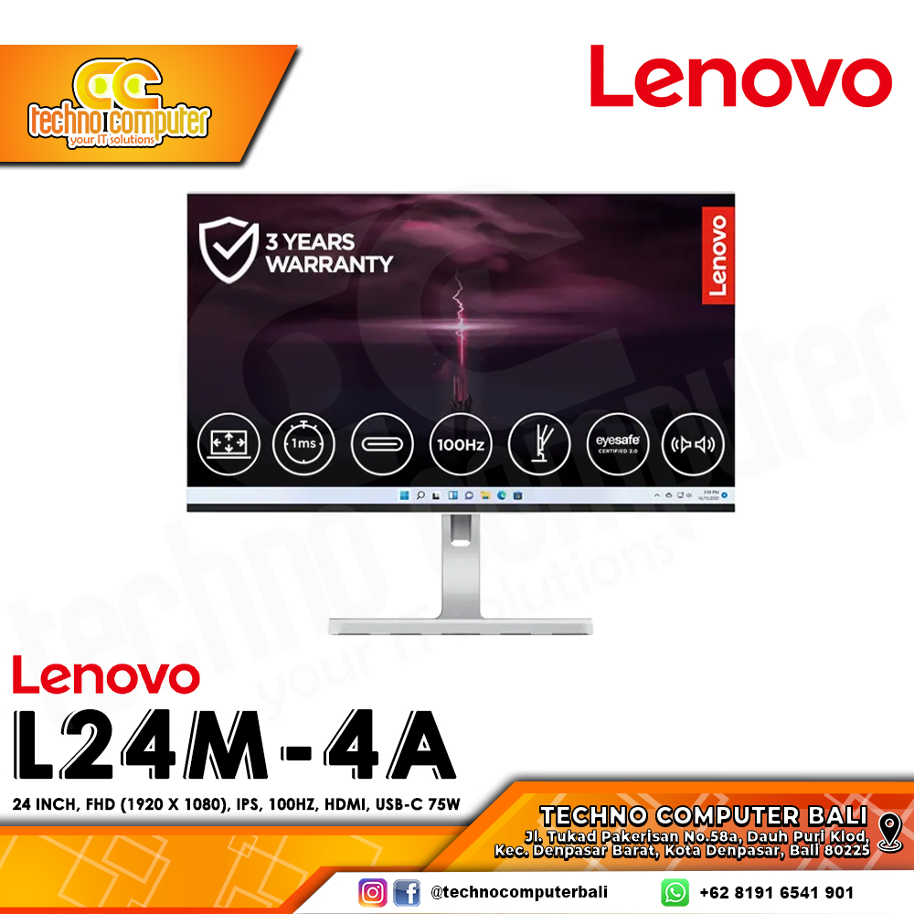 LENOVO L24m-4A LED Monitor - 24 inch, FHD (1920 x 1080), IPS, 100Hz, HDMI, USB-C 75w