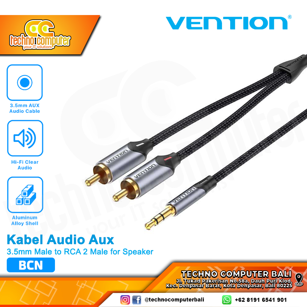 VENTION KABEL AUDIO AUX 3.5mm Male to RCA 2 Male for Speaker Braided Black - BCN 3M