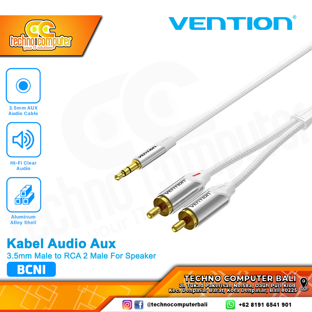 VENTION KABEL AUDIO AUX 3.5mm Male to RCA 2 Male for Speaker Braided Silver - BCN 1.5M