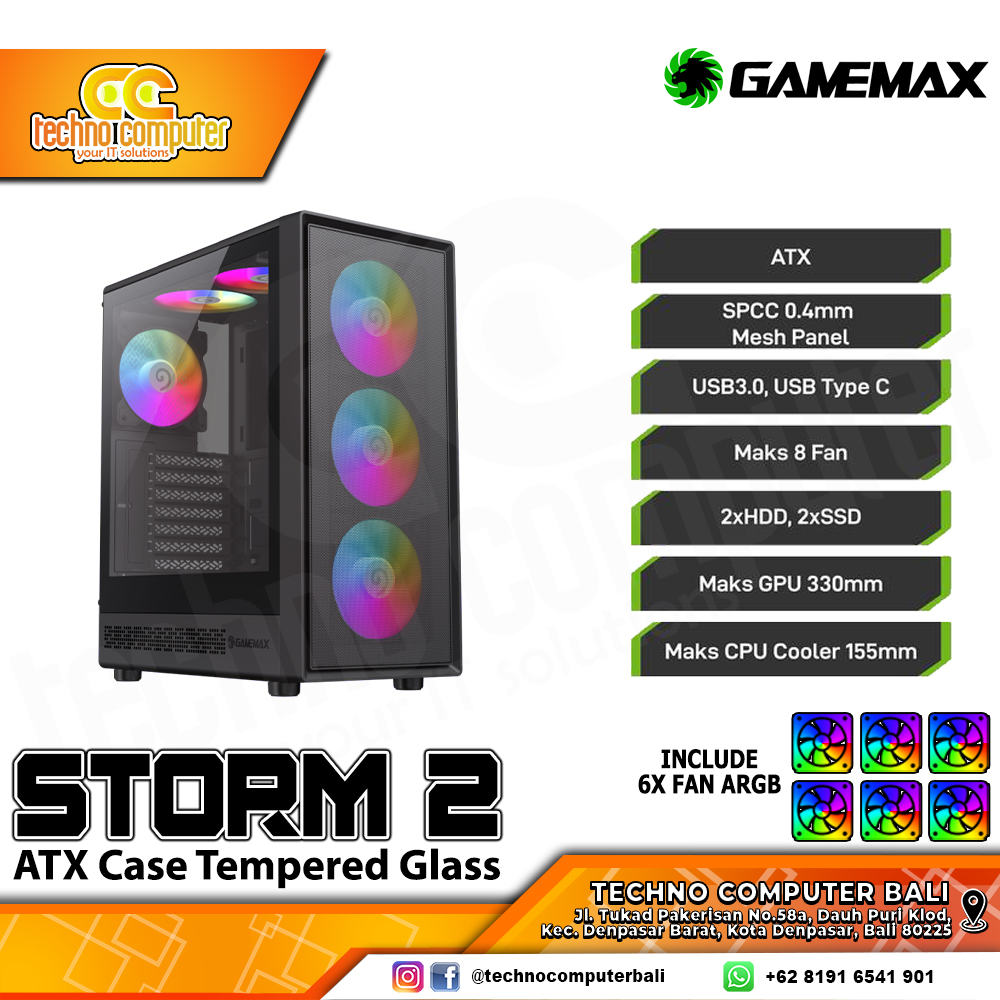 CASING GAMEMAX STORM 2 Black - Mid Tower ATX Case Tempered Glass (Free 6x ARGB Fan)