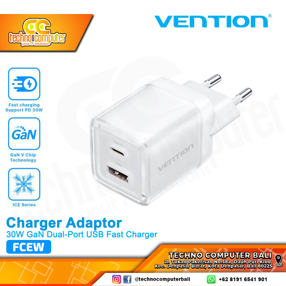 VENTION CHARGER GaN 30W USB Type-C Fast Charging PD QC Dual Port White - FCEW0-EU