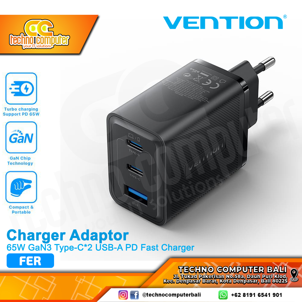 VENTION CHARGER GaN 65W USB-A Type-C Fast Charging Triple Port Black - FERB0-EU