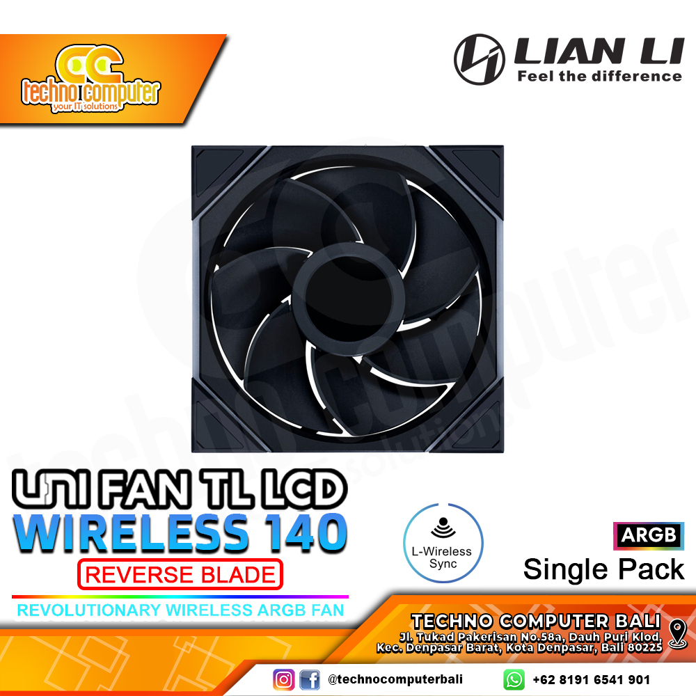FAN CASING LIAN LI UNI FAN TL LCD Wireless 140 REVERSE BLADE Black - 140mm Single Pack ARGB Fan