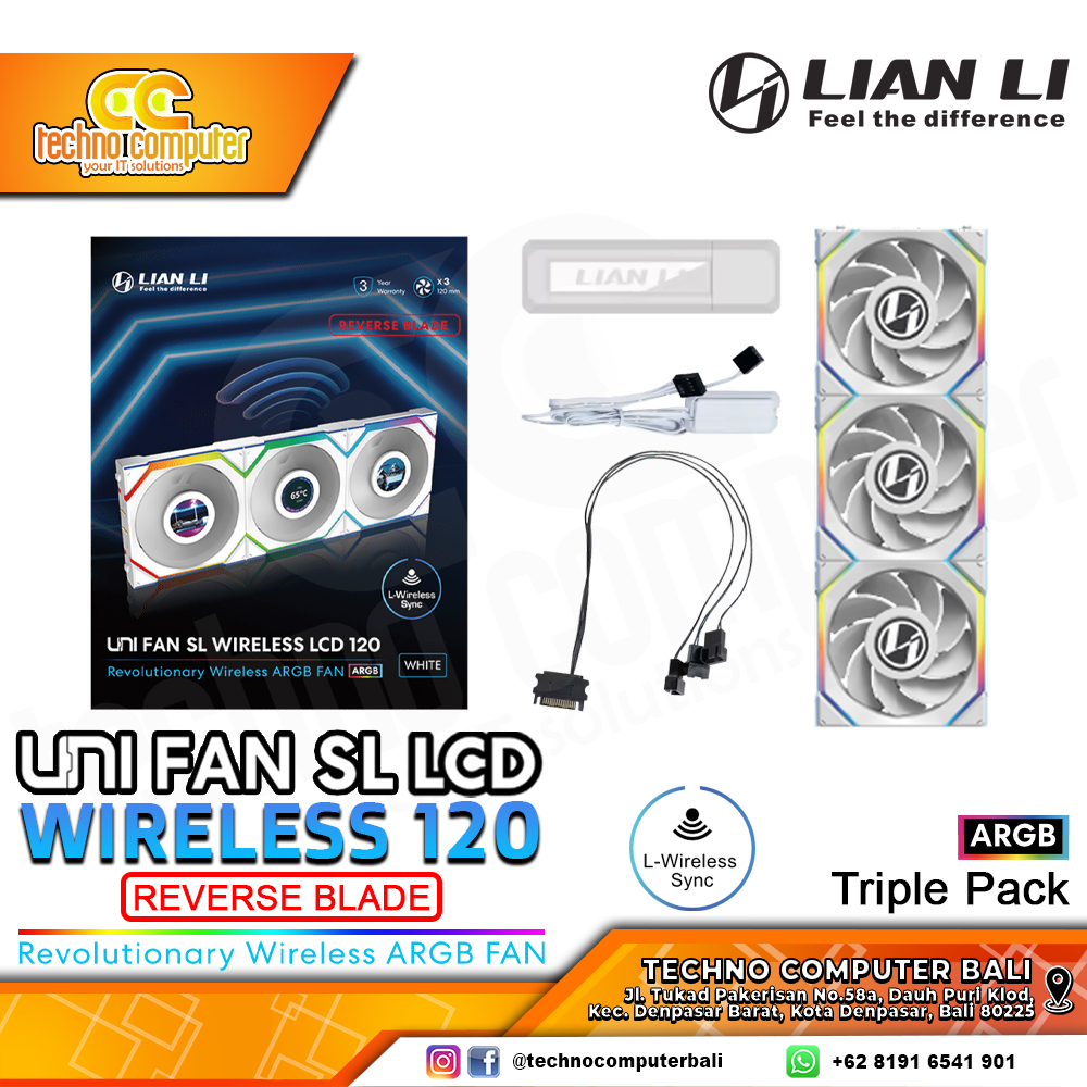 FAN CASING LIAN LI UNI FAN SL LCD Wireless 120 REVERSE BLADE White - 120mm Triple Pack ARGB Fan