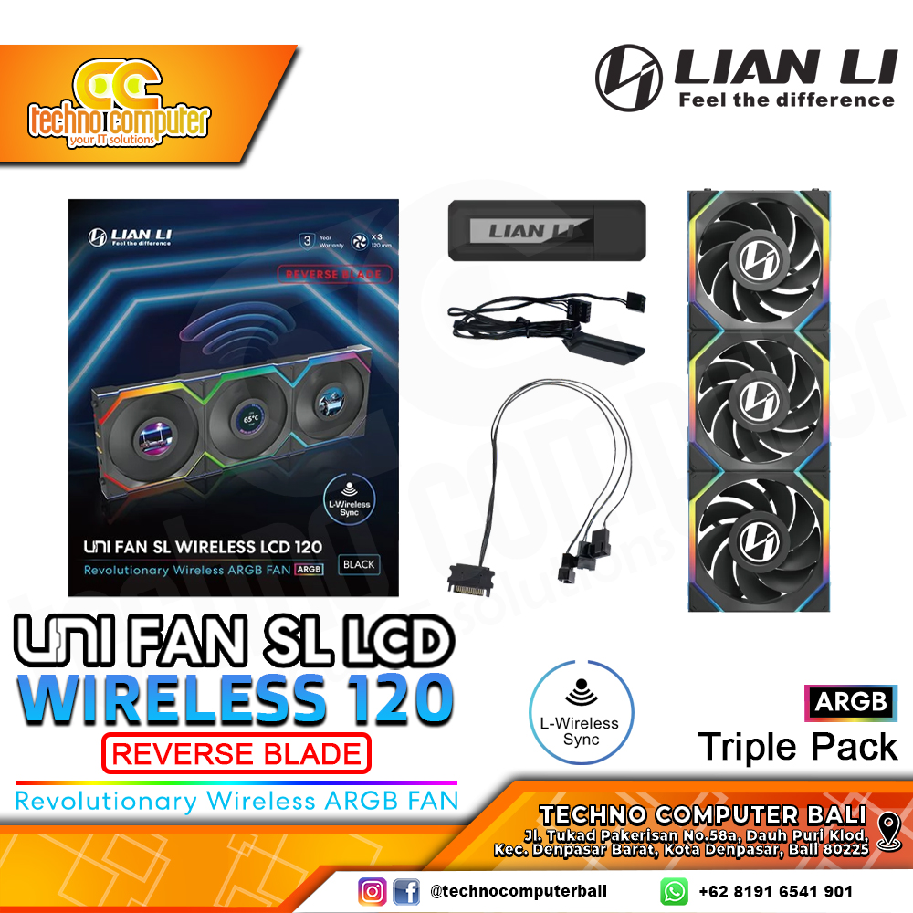 FAN CASING LIAN LI UNI FAN SL LCD Wireless 120 REVERSE BLADE Black - 120mm Triple Pack ARGB Fan