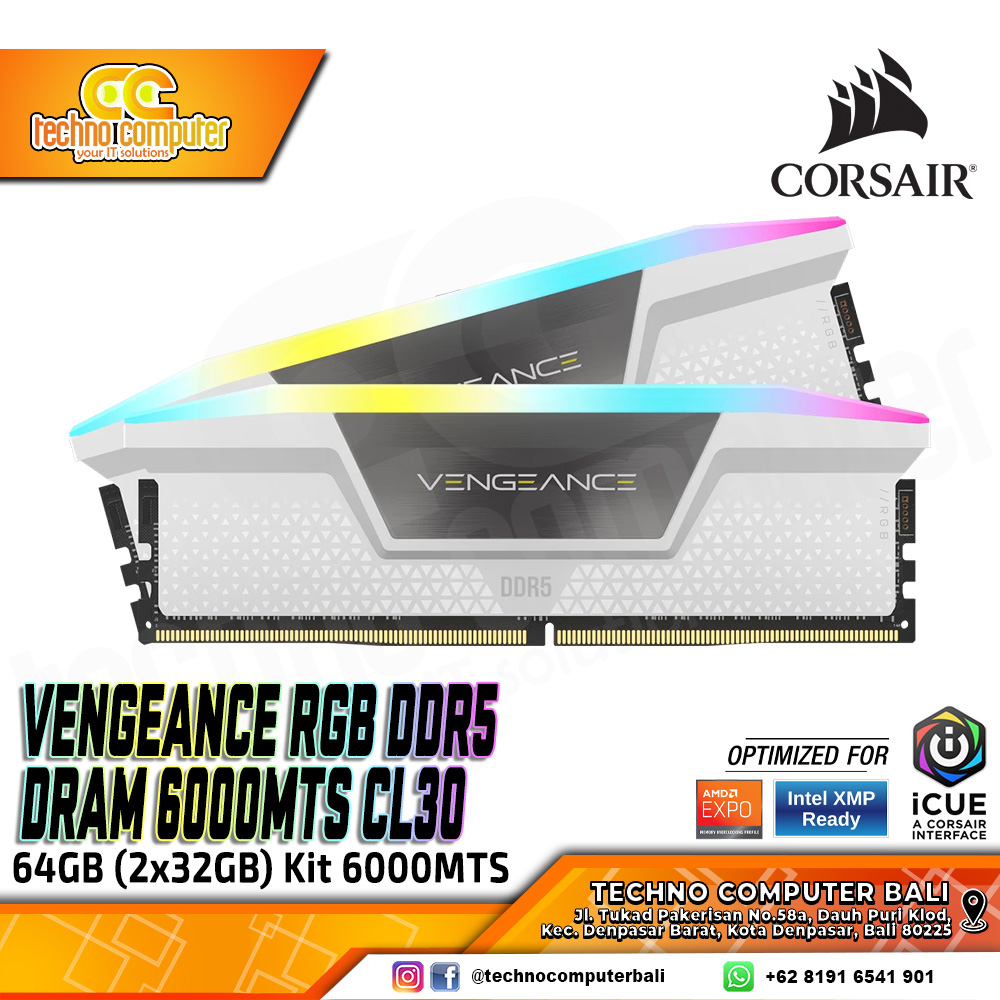 DDR5 CORSAIR VENGEANCE RGB 64GB (2x32GB) Kit 6000MHz C30 AMD EXPO & Intel XMP - WHITE