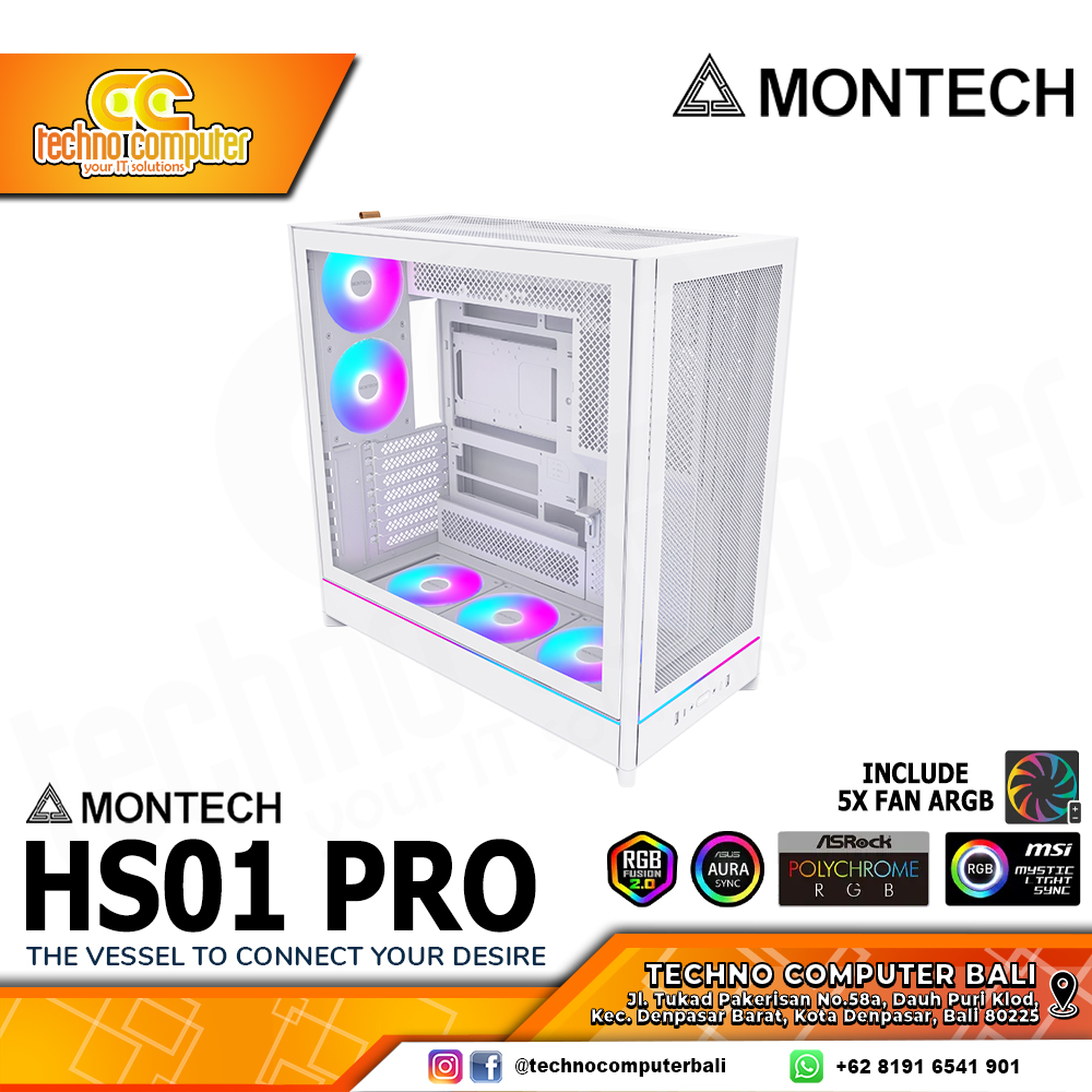 CASING MONTECH HS01 PRO Mesh White - Mid Tower ATX Case Tempered Glass (Free 5x ARGB Fan)