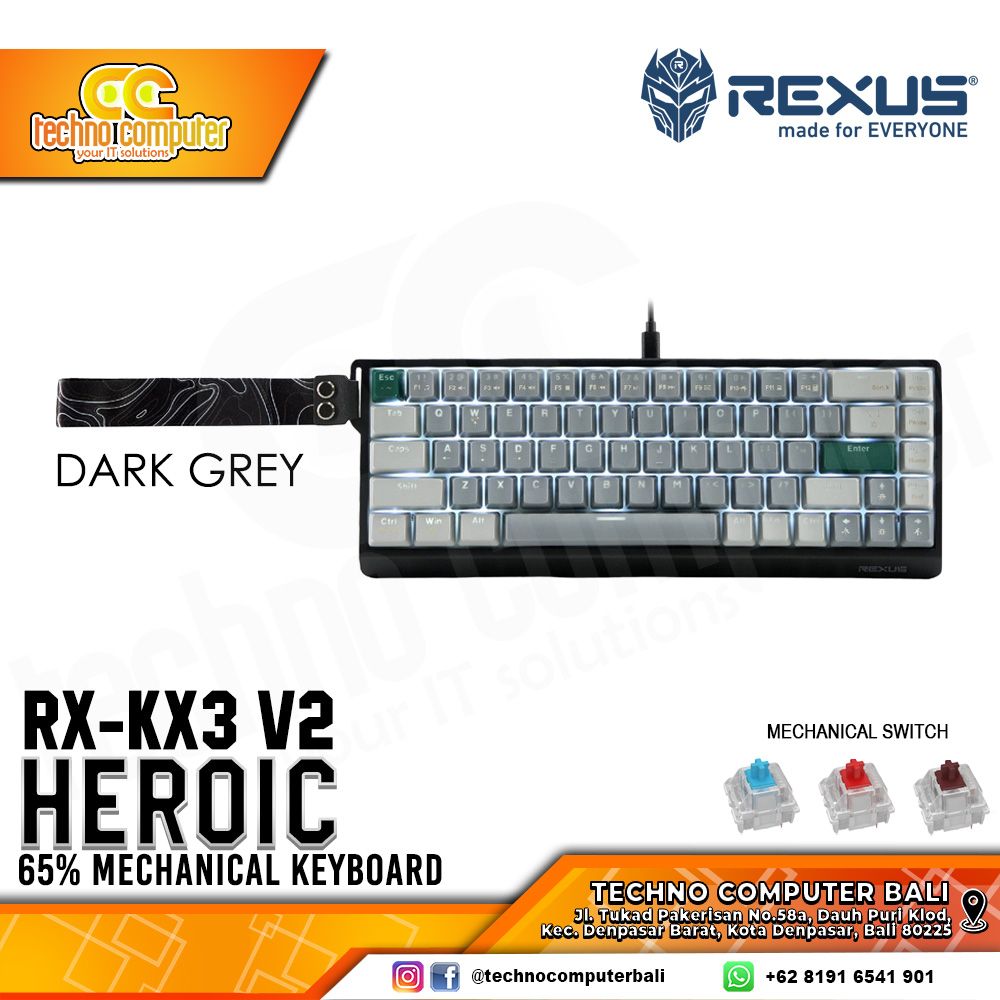 REXUS HEROIC KX3 V2 65% Dark Grey - Mechanical Hotswap Blue Switch - Gaming Keyboard