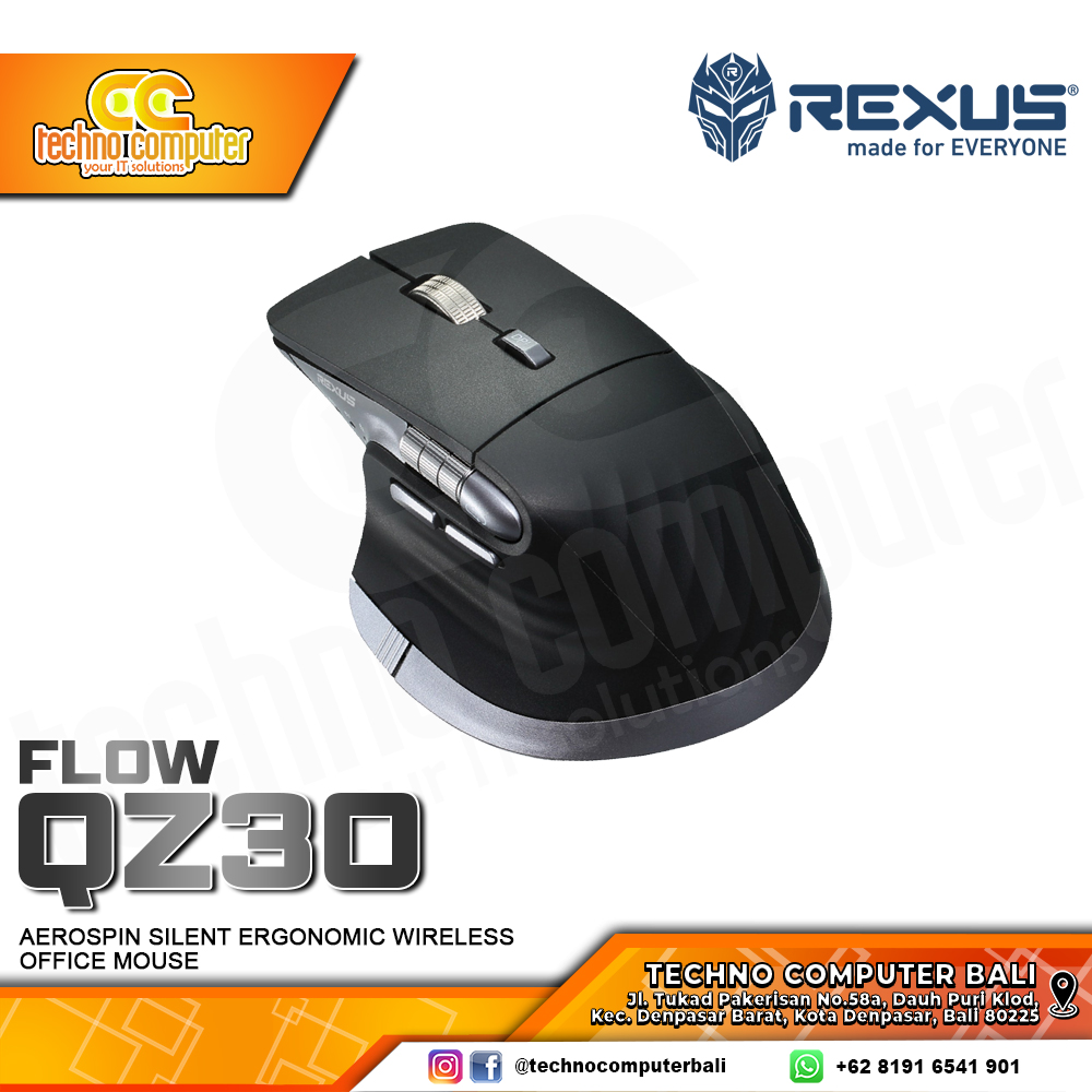 REXUS Flow QZ30 Ergonomic Silent Click Wireless Black - Office Mouse Wireless
