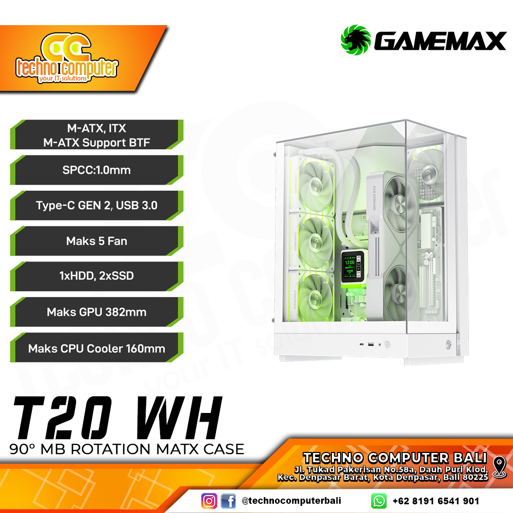 CASING GAMEMAX T20 White - Mid Tower mATX Case Tempered Glass (Free 2x ARGB Fan)